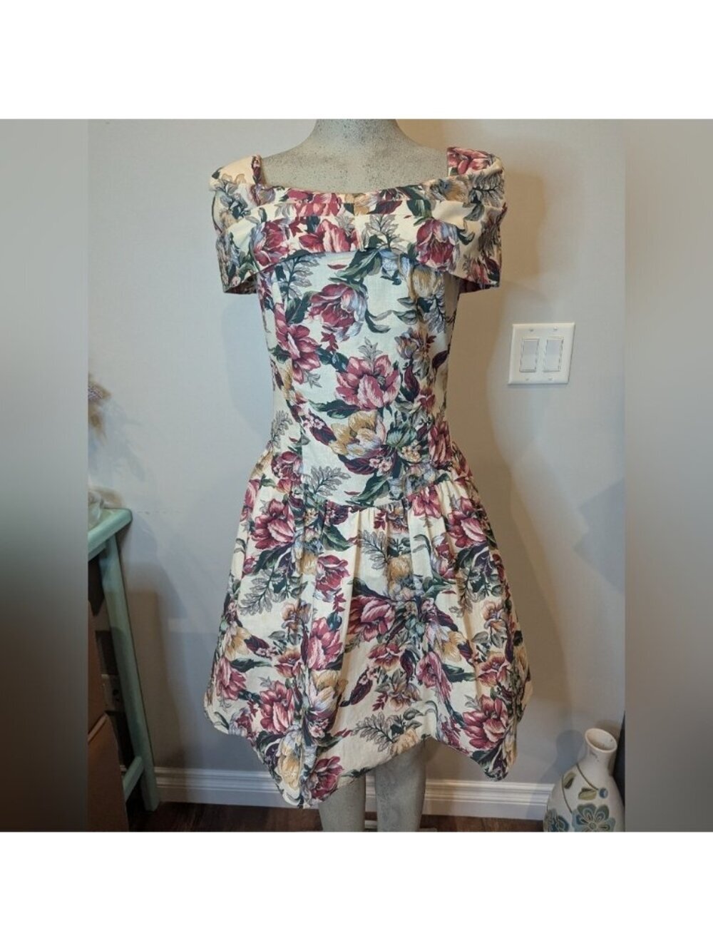 Vintage Floral Print Women's 80s Cotton Dress drop shoulder Pretty in Pink Sz 7